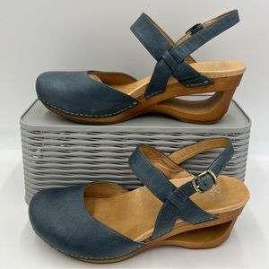 Dansko Taci Mary Jane Heeled Clogs in Denim Blue Leather Size 42